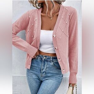Elegant Pearl-Embellished Pink Cardigan